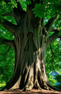 A magnificent tree displaying unique growth patterns from healed damage, resembling the silhouette of a girl