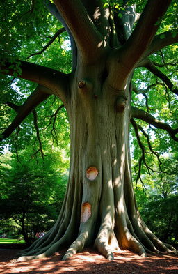 A magnificent tree displaying unique growth patterns from healed damage, resembling the silhouette of a girl
