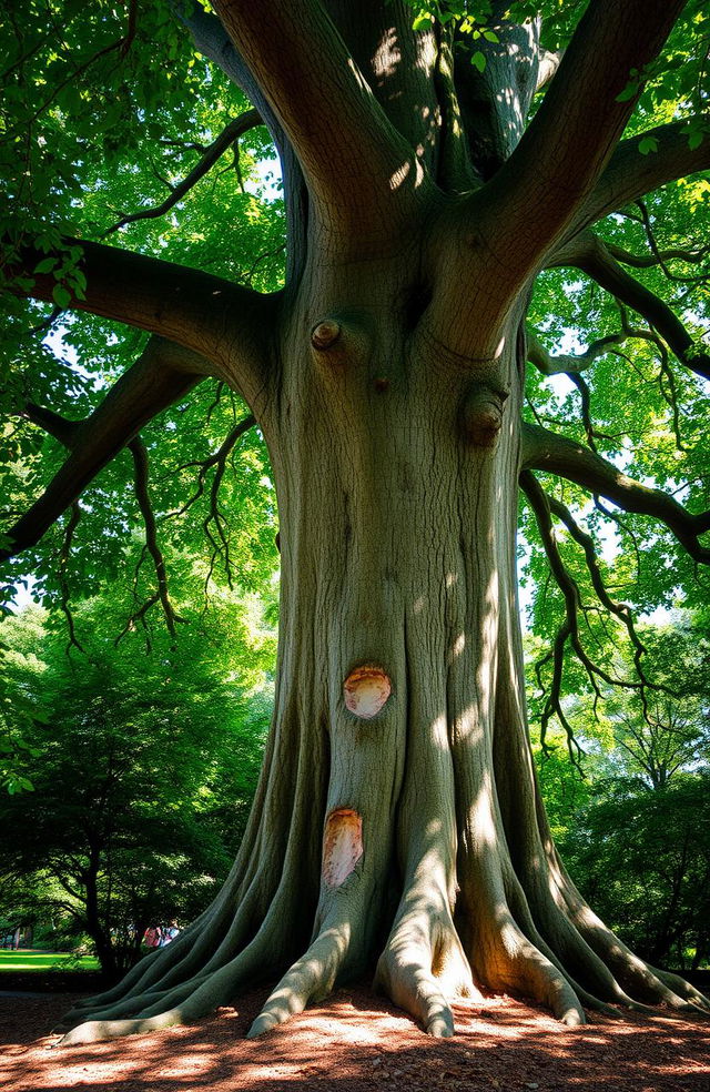 A magnificent tree displaying unique growth patterns from healed damage, resembling the silhouette of a girl