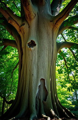 A magnificent tree displaying unique growth patterns from healed damage, resembling the silhouette of a girl