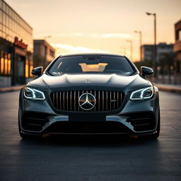 A sleek Mercedes C220 car modified with luxurious Rolls Royce Phantom headlights and grille, showcasing an elegant fusion of German engineering and British opulence