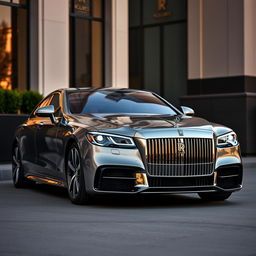 A sleek Mercedes C220 car modified with luxurious Rolls Royce Phantom headlights and grille, showcasing an elegant fusion of German engineering and British opulence