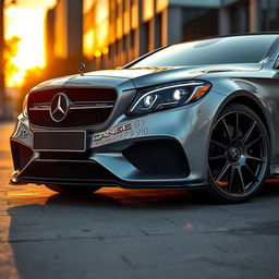 A sleek Mercedes C220 car modified with luxurious Rolls Royce Phantom headlights and grille, showcasing an elegant fusion of German engineering and British opulence