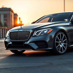 A sleek Mercedes C220 car modified with luxurious Rolls Royce Phantom headlights and grille, showcasing an elegant fusion of German engineering and British opulence