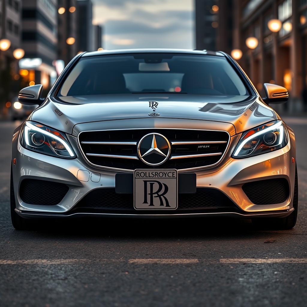 A modified Mercedes C220 featuring distinctive Rolls Royce Phantom headlights and grill, seamlessly integrated into the design of the car