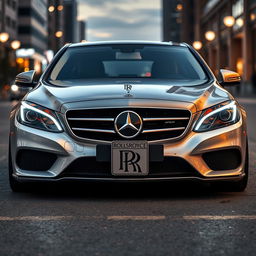 A modified Mercedes C220 featuring distinctive Rolls Royce Phantom headlights and grill, seamlessly integrated into the design of the car