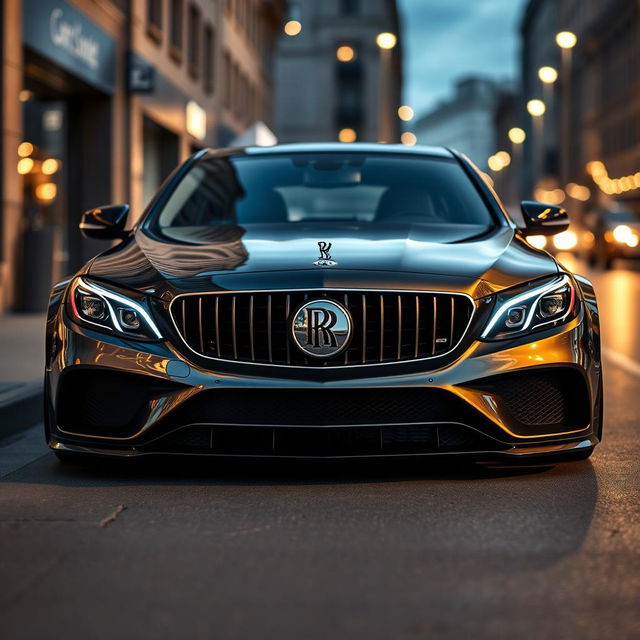 A modified Mercedes C220 featuring distinctive Rolls Royce Phantom headlights and grill, seamlessly integrated into the design of the car