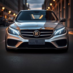 A modified Mercedes C220 featuring distinctive Rolls Royce Phantom headlights and grill, seamlessly integrated into the design of the car