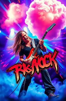 A vibrant and striking rock album cover featuring a powerful electric guitar being played by a dynamic, energetic musician on a stage with colorful lights