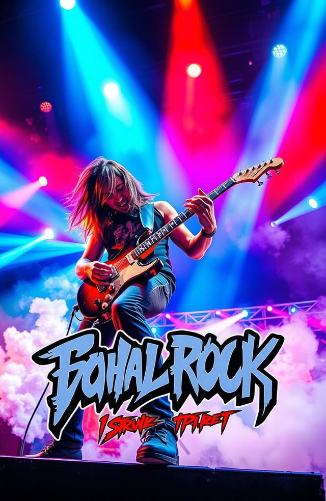 A vibrant and striking rock album cover featuring a powerful electric guitar being played by a dynamic, energetic musician on a stage with colorful lights