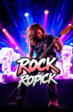 A vibrant and striking rock album cover featuring a powerful electric guitar being played by a dynamic, energetic musician on a stage with colorful lights