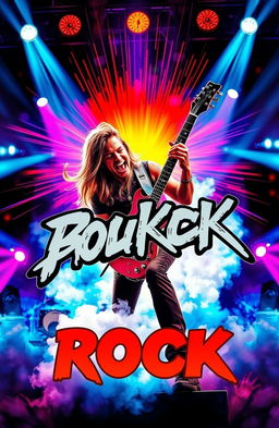 A vibrant and striking rock album cover featuring a powerful electric guitar being played by a dynamic, energetic musician on a stage with colorful lights