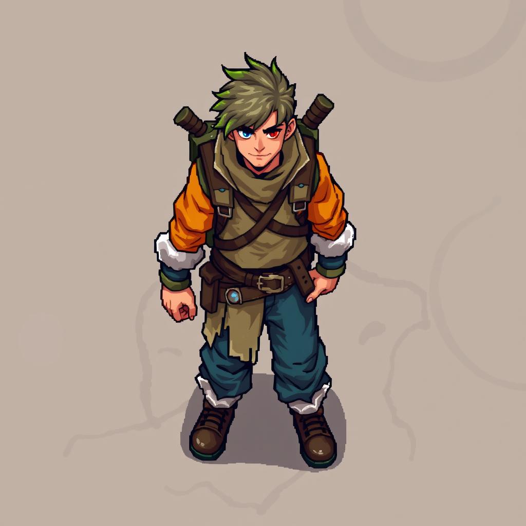 Create a top-down sprite for the main character in a video game, sized 16x32 pixels