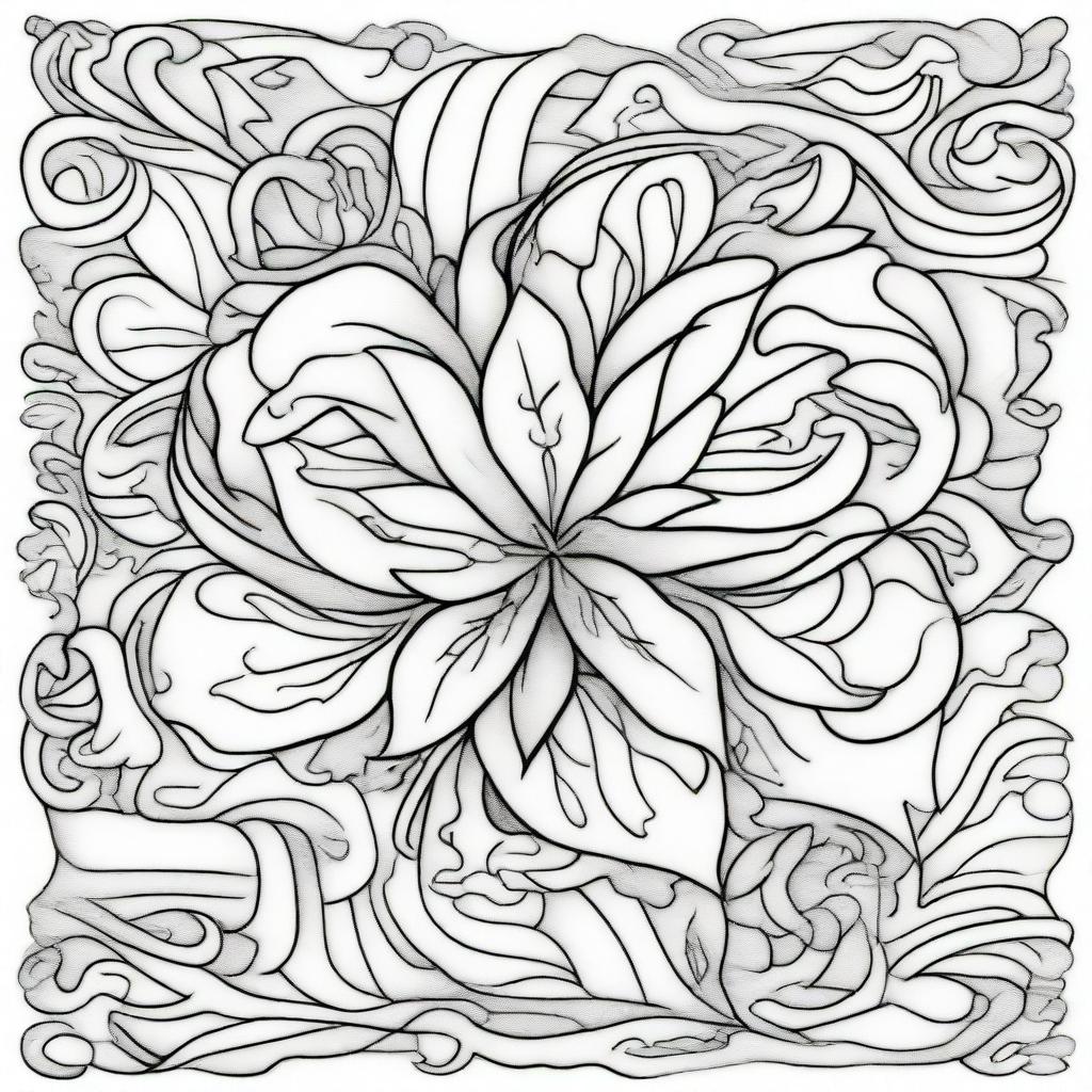 A coloring book page presenting large, grand flourishes with clean, defined lines, designed in multiple layers to nurture a sense of intriguing depth