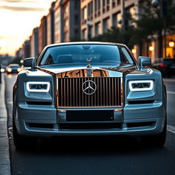 A luxurious Rolls Royce Phantom car, creatively modified to showcase Mercedes C220 headlights and grille instead of its original features