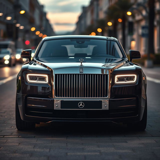 A luxurious Rolls Royce Phantom car, creatively modified to showcase Mercedes C220 headlights and grille instead of its original features