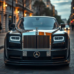 A luxurious Rolls Royce Phantom car, creatively modified to showcase Mercedes C220 headlights and grille instead of its original features