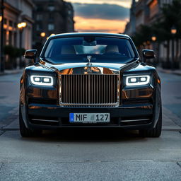 A luxurious Rolls Royce Phantom car, creatively modified to showcase Mercedes C220 headlights and grille instead of its original features