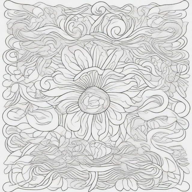 A coloring book page presenting large, grand flourishes with clean, defined lines, designed in multiple layers to nurture a sense of intriguing depth