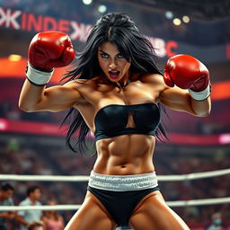 A fierce and powerful woman with raven black hair, wearing a sleek black bikini, engaged in a boxing match