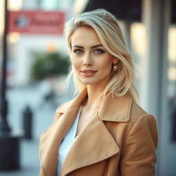 A 35-year-old American woman with light blonde hair, dressed stylishly