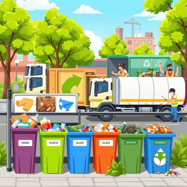 A visually engaging and informative illustration depicting solid waste management