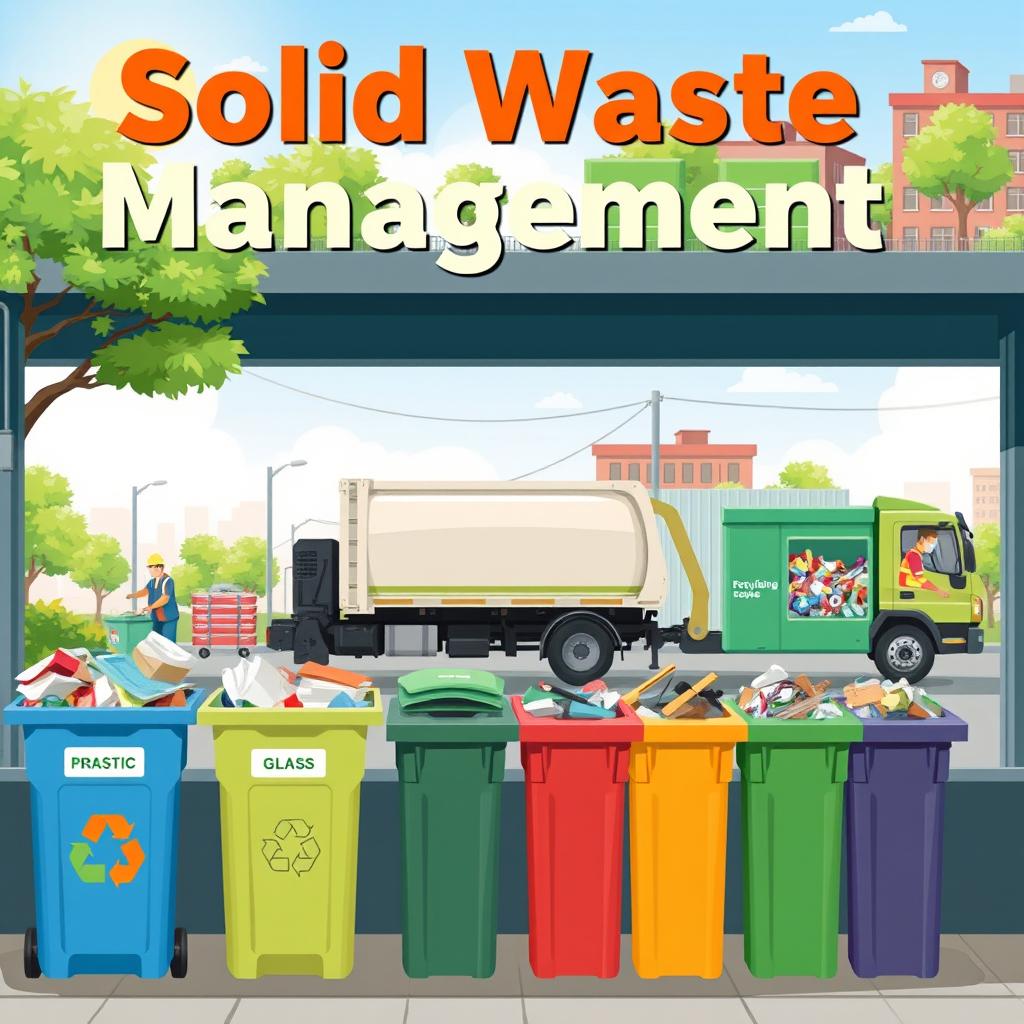 A visually engaging and informative illustration depicting solid waste management