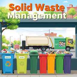 A visually engaging and informative illustration depicting solid waste management