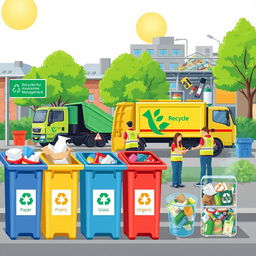 A visually engaging and informative illustration depicting solid waste management