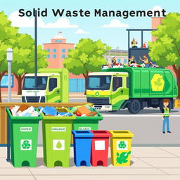 A visually engaging and informative illustration depicting solid waste management