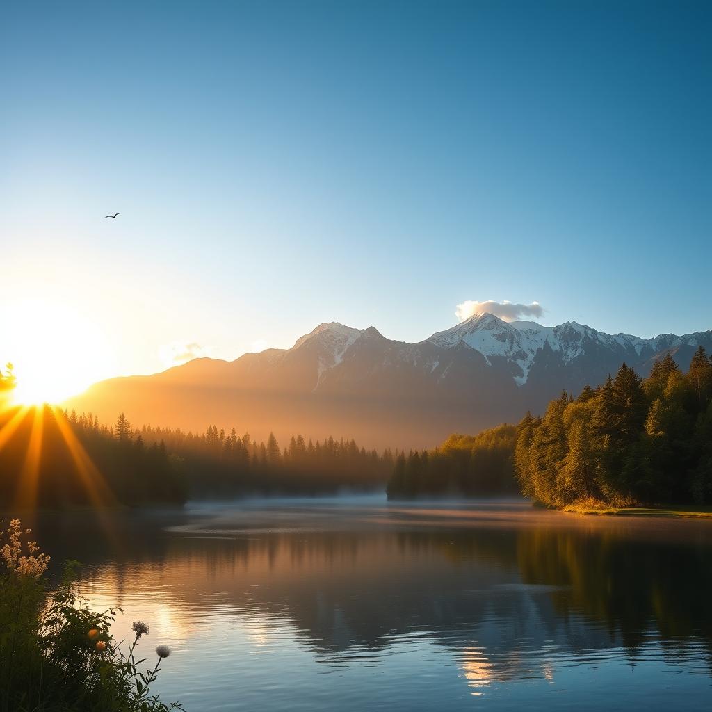 A serene landscape at sunrise featuring a tranquil lake surrounded by lush green forests