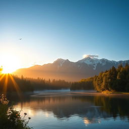 A serene landscape at sunrise featuring a tranquil lake surrounded by lush green forests