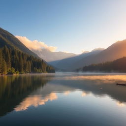 A serene landscape at sunrise featuring a tranquil lake surrounded by lush green forests