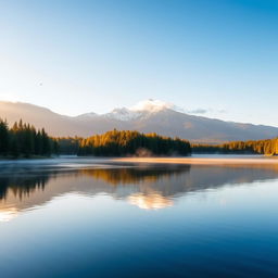 A serene landscape at sunrise featuring a tranquil lake surrounded by lush green forests