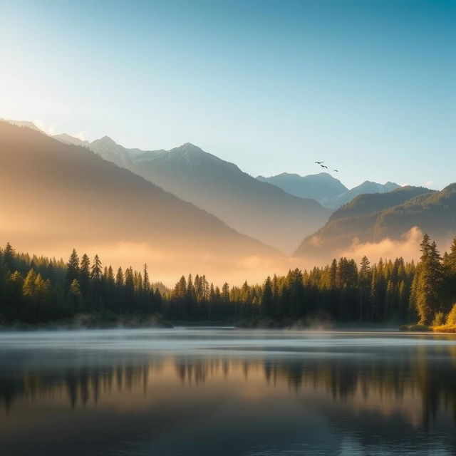 A serene landscape at sunrise featuring a tranquil lake surrounded by lush green forests