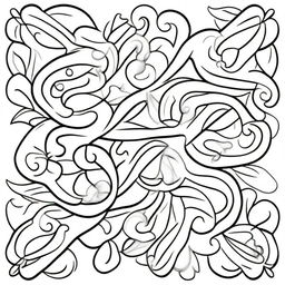 A coloring book page filled with large, elegant flourishes consisting of clean and precise lines, making for a simple yet sophisticated design