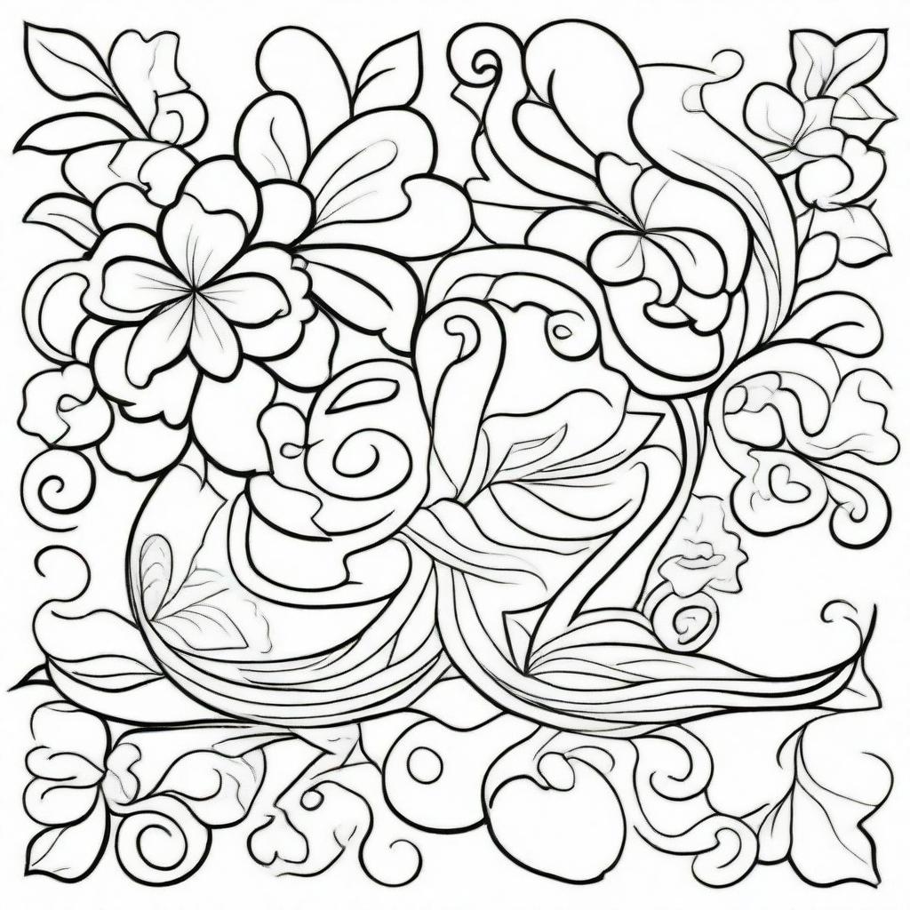 A coloring book page filled with large, elegant flourishes consisting of clean and precise lines, making for a simple yet sophisticated design