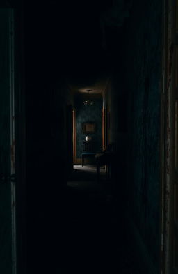 A creepy and dark hallway with blood-stained black walls, dim lighting casting eerie shadows, with old, peeling wallpaper and a sinister atmosphere