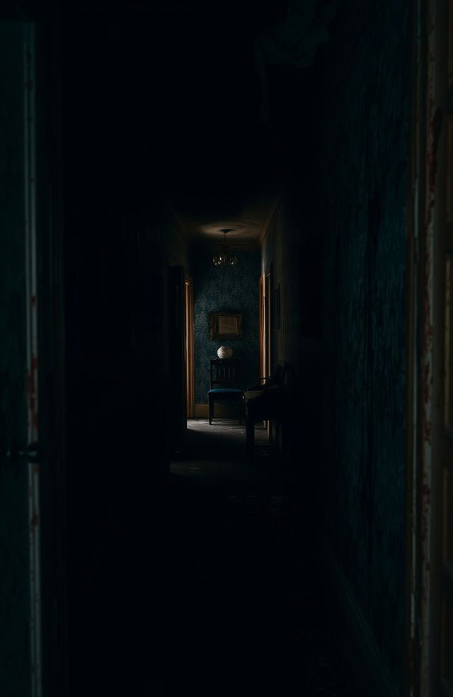 A creepy and dark hallway with blood-stained black walls, dim lighting casting eerie shadows, with old, peeling wallpaper and a sinister atmosphere