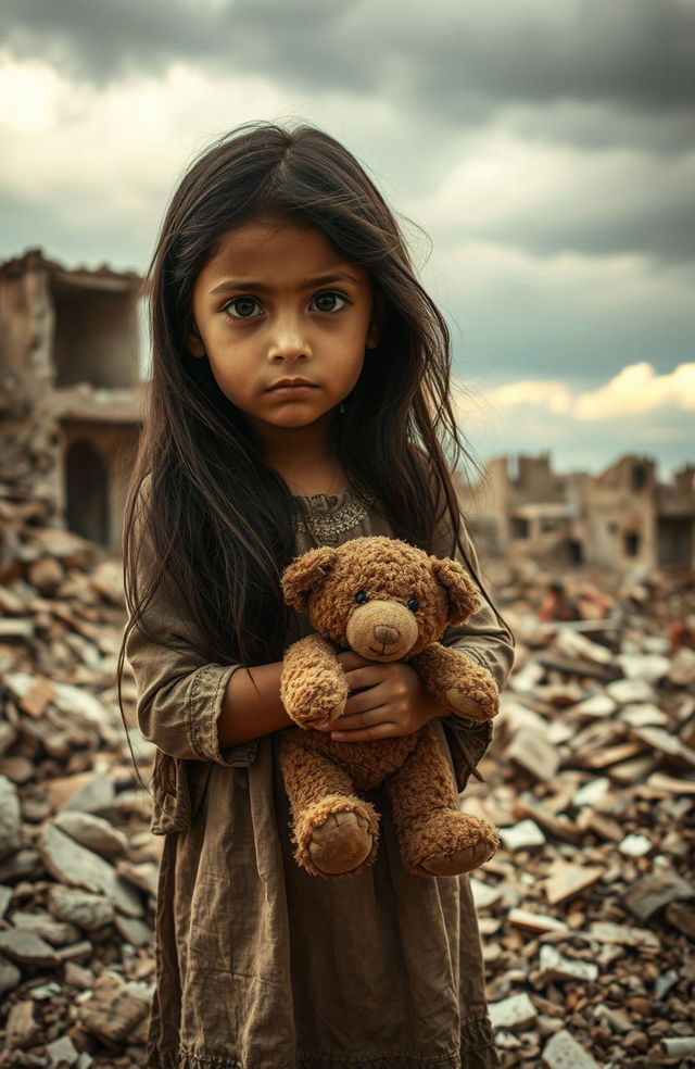 A poignant scene depicting an 8-year-old girl standing amidst the ruins of a devastated village after the Bam earthquake in Iran