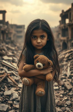 A poignant scene depicting an 8-year-old girl standing amidst the ruins of a devastated village after the Bam earthquake in Iran