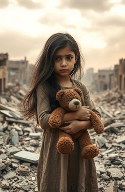 A poignant scene depicting an 8-year-old girl standing amidst the ruins of a devastated village after the Bam earthquake in Iran