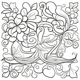 A coloring book page filled with large, elegant flourishes consisting of clean and precise lines, making for a simple yet sophisticated design