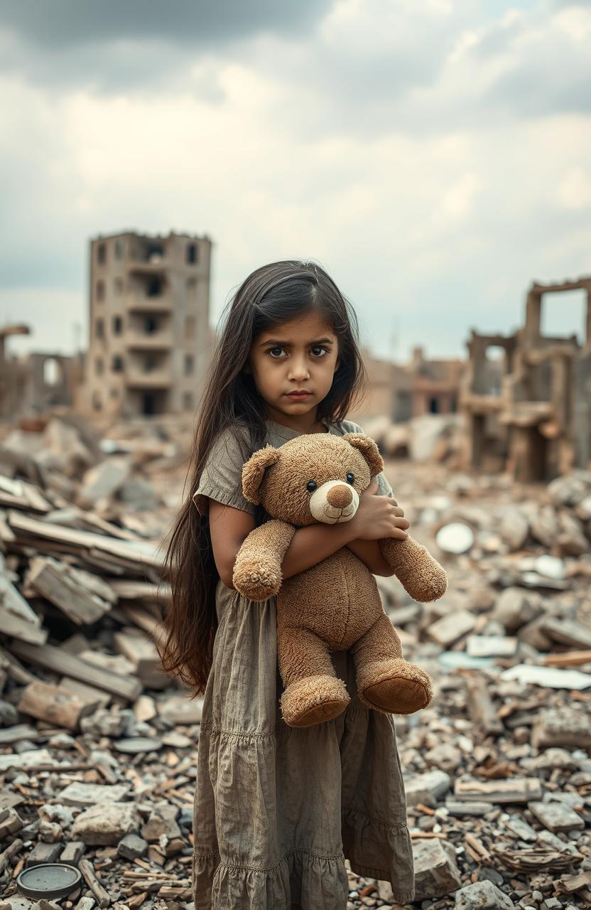 A poignant scene depicting an 8-year-old girl standing amidst the ruins of a devastated village after the Bam earthquake in Iran