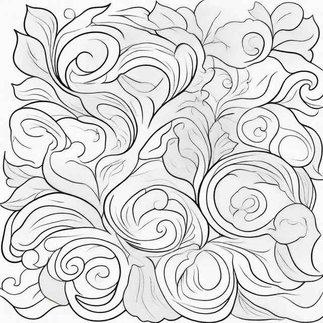 A coloring book page filled with large, elegant flourishes consisting of clean and precise lines, making for a simple yet sophisticated design