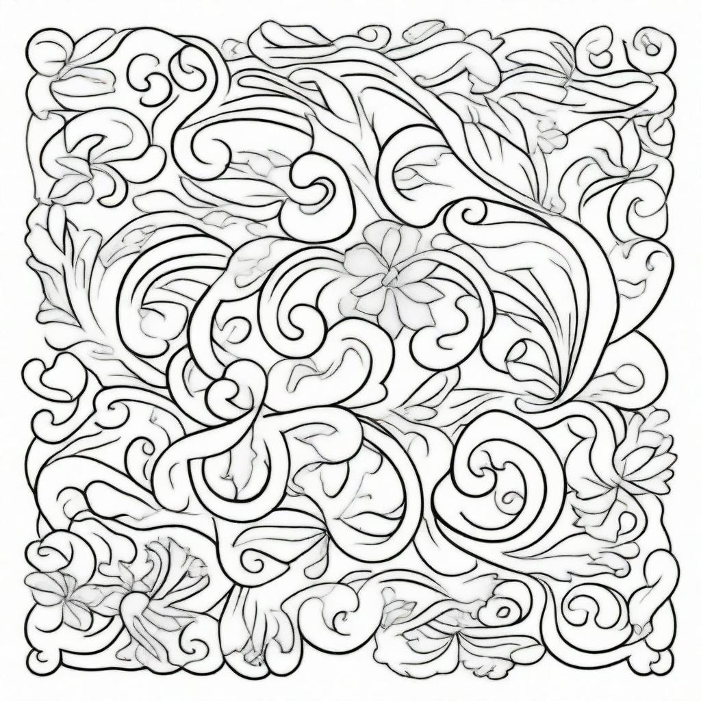 A coloring book page filled with large, elegant flourishes consisting of clean and precise lines, making for a simple yet sophisticated design