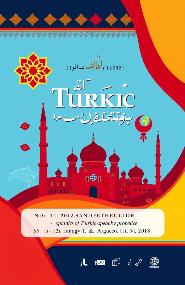 A visually striking cover design for an international scientific-practical conference focused on the 'History of Turkic-speaking peoples, culture of science, language, and prospects for socio-economic cooperation