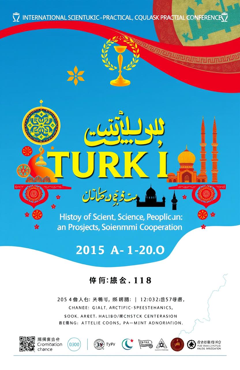 A visually striking cover design for an international scientific-practical conference focused on the 'History of Turkic-speaking peoples, culture of science, language, and prospects for socio-economic cooperation