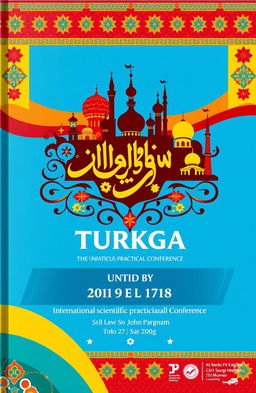 A visually striking cover design for an international scientific-practical conference focused on the 'History of Turkic-speaking peoples, culture of science, language, and prospects for socio-economic cooperation