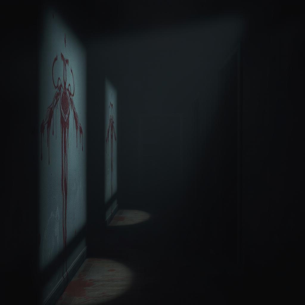 A chilling scene in a dark, eerie hallway of a game setting